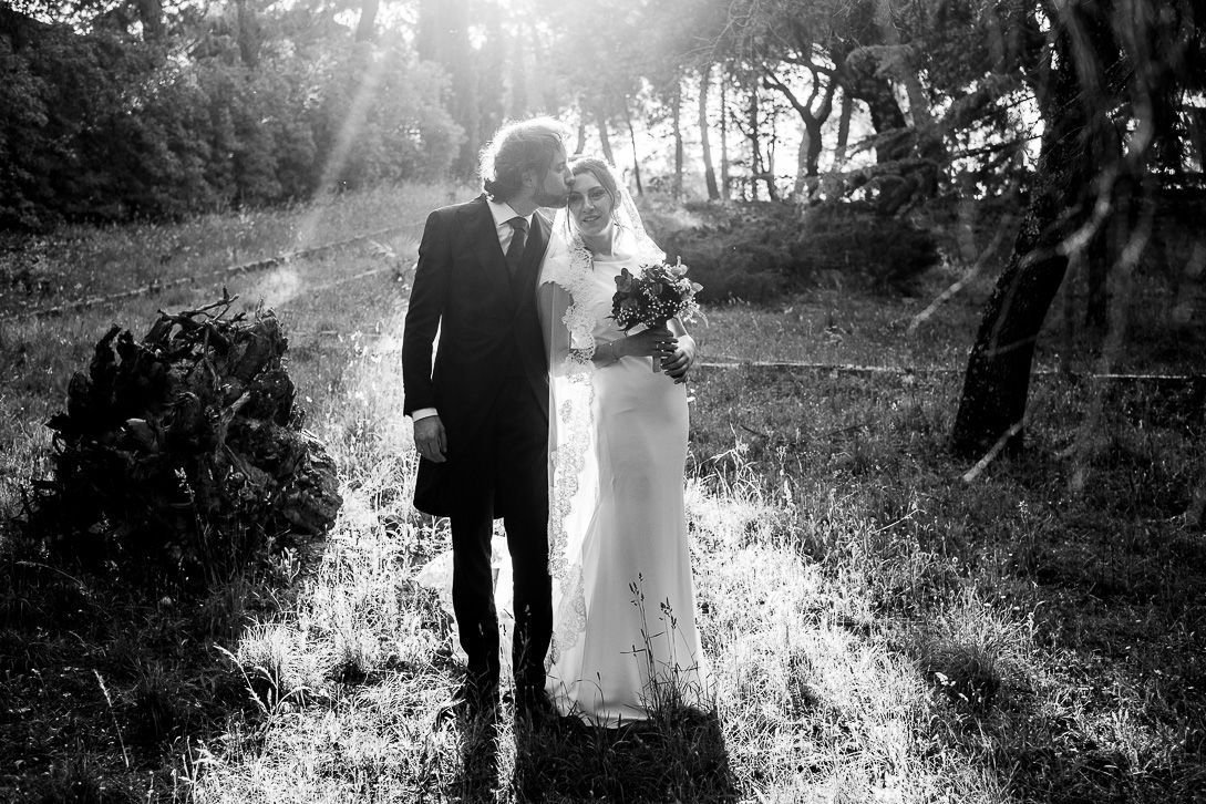 Retrato en blanco y negro de los novios entre árboles a contraluz.
